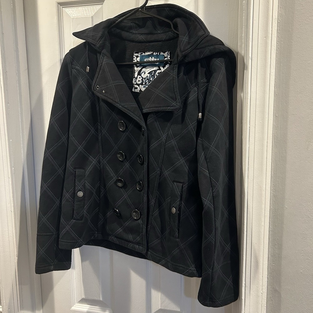 Sebby Juniors Medium Black Plaid Fleece Hooded Peacoat Jacket Y2K Size M